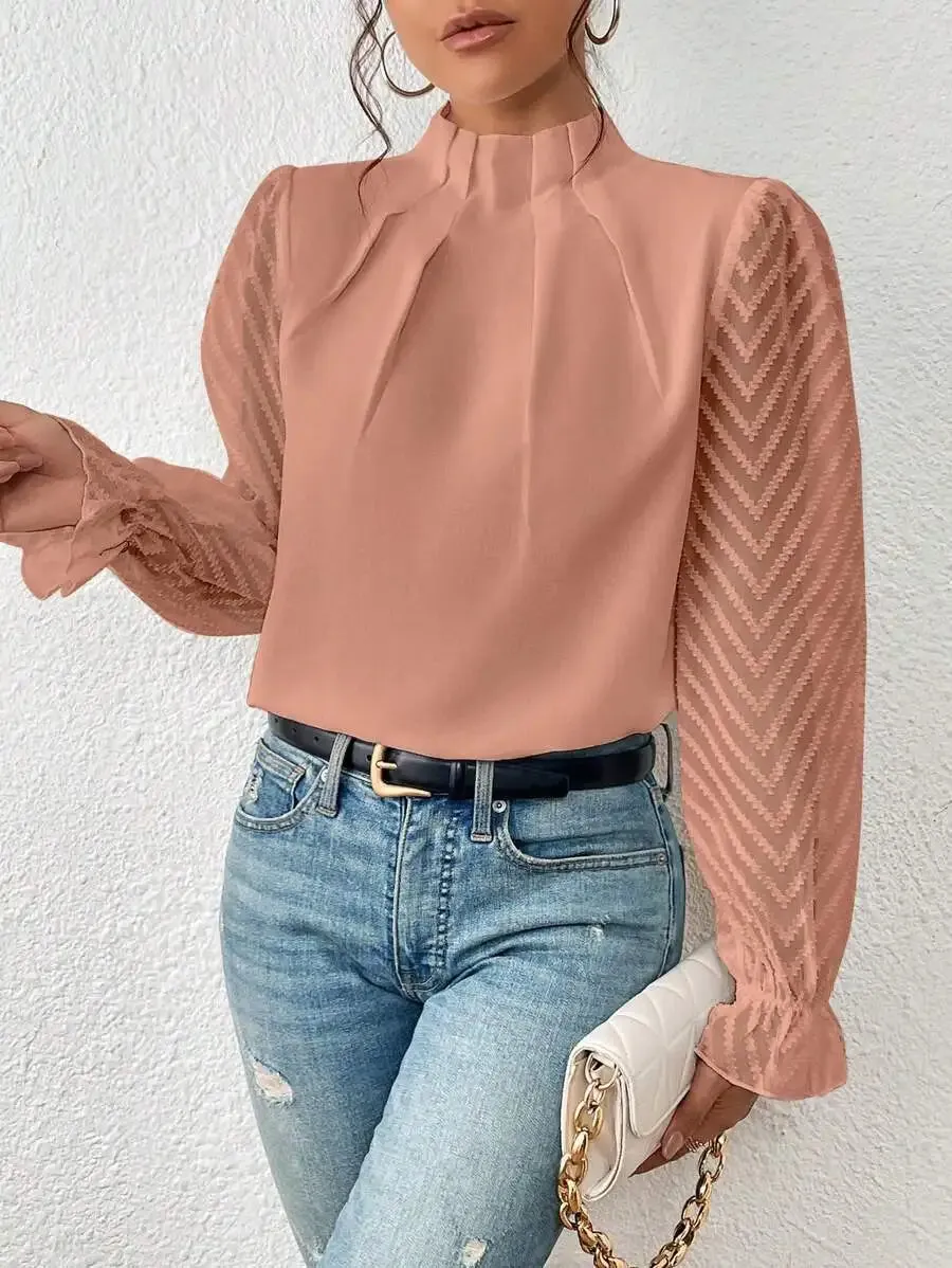 Elegant Blouse White Women's Shirt 2024 New Half High Neck Spliced Wave Pattern Chiffon Long sleeved Top Office Lady