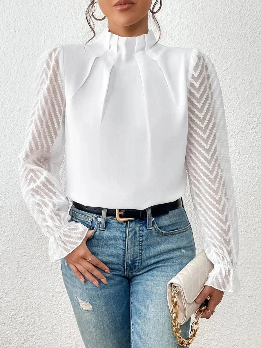 Elegant Blouse White Women's Shirt 2024 New Half High Neck Spliced Wave Pattern Chiffon Long sleeved Top Office Lady