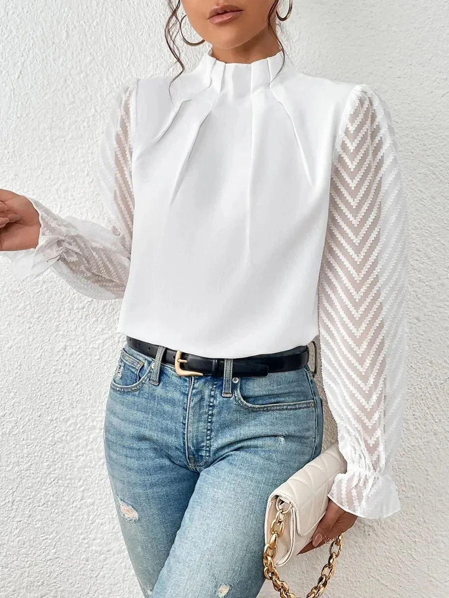Elegant Blouse White Women's Shirt 2024 New Half High Neck Spliced Wave Pattern Chiffon Long sleeved Top Office Lady