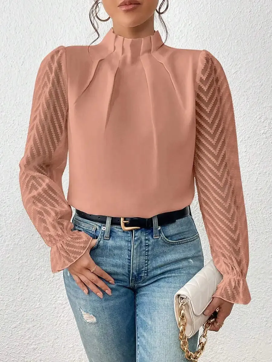 Elegant Blouse White Women's Shirt 2024 New Half High Neck Spliced Wave Pattern Chiffon Long sleeved Top Office Lady