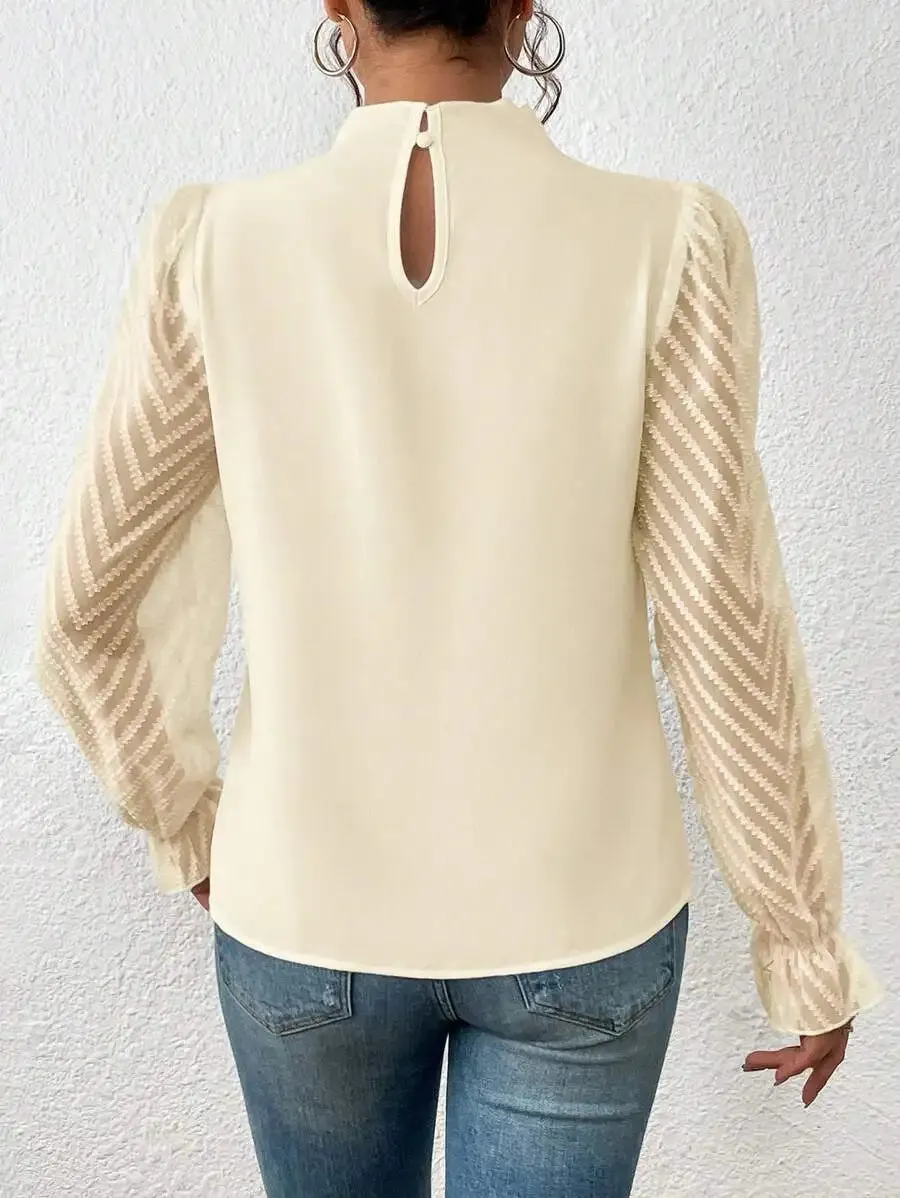 Elegant Blouse White Women's Shirt 2024 New Half High Neck Spliced Wave Pattern Chiffon Long sleeved Top Office Lady