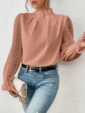 Elegant Blouse White Women's Shirt 2024 New Half High Neck Spliced Wave Pattern Chiffon Long sleeved Top Office Lady