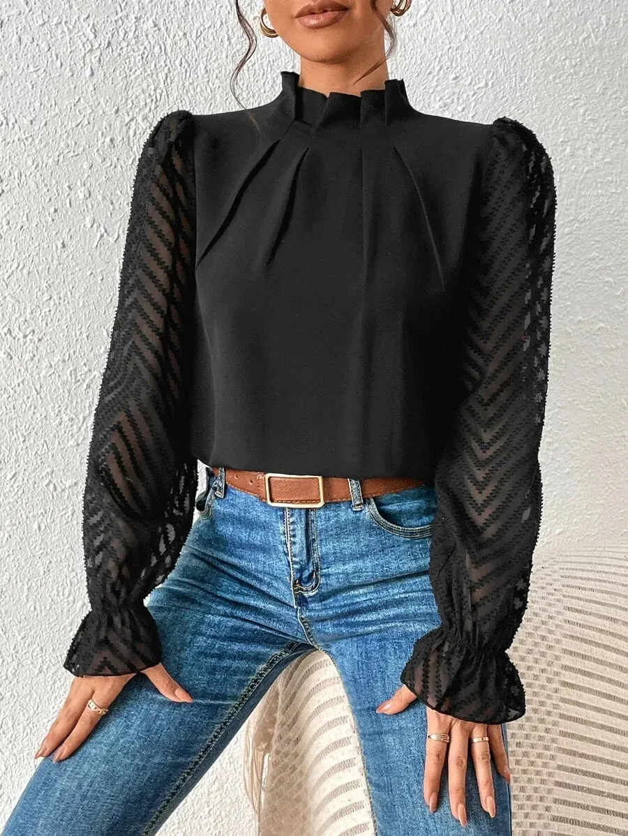 Elegant Blouse White Women's Shirt 2024 New Half High Neck Spliced Wave Pattern Chiffon Long sleeved Top Office Lady