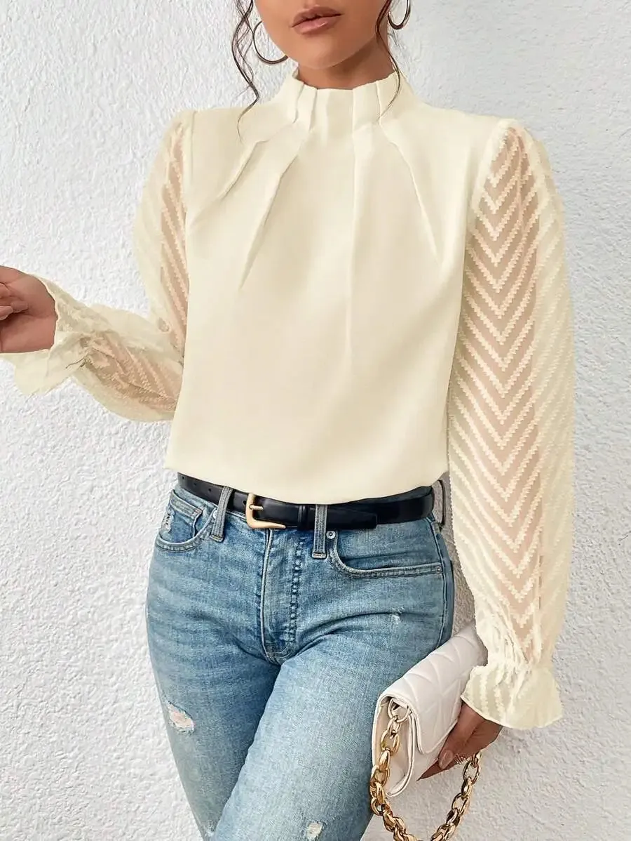 Elegant Blouse White Women's Shirt 2024 New Half High Neck Spliced Wave Pattern Chiffon Long sleeved Top Office Lady
