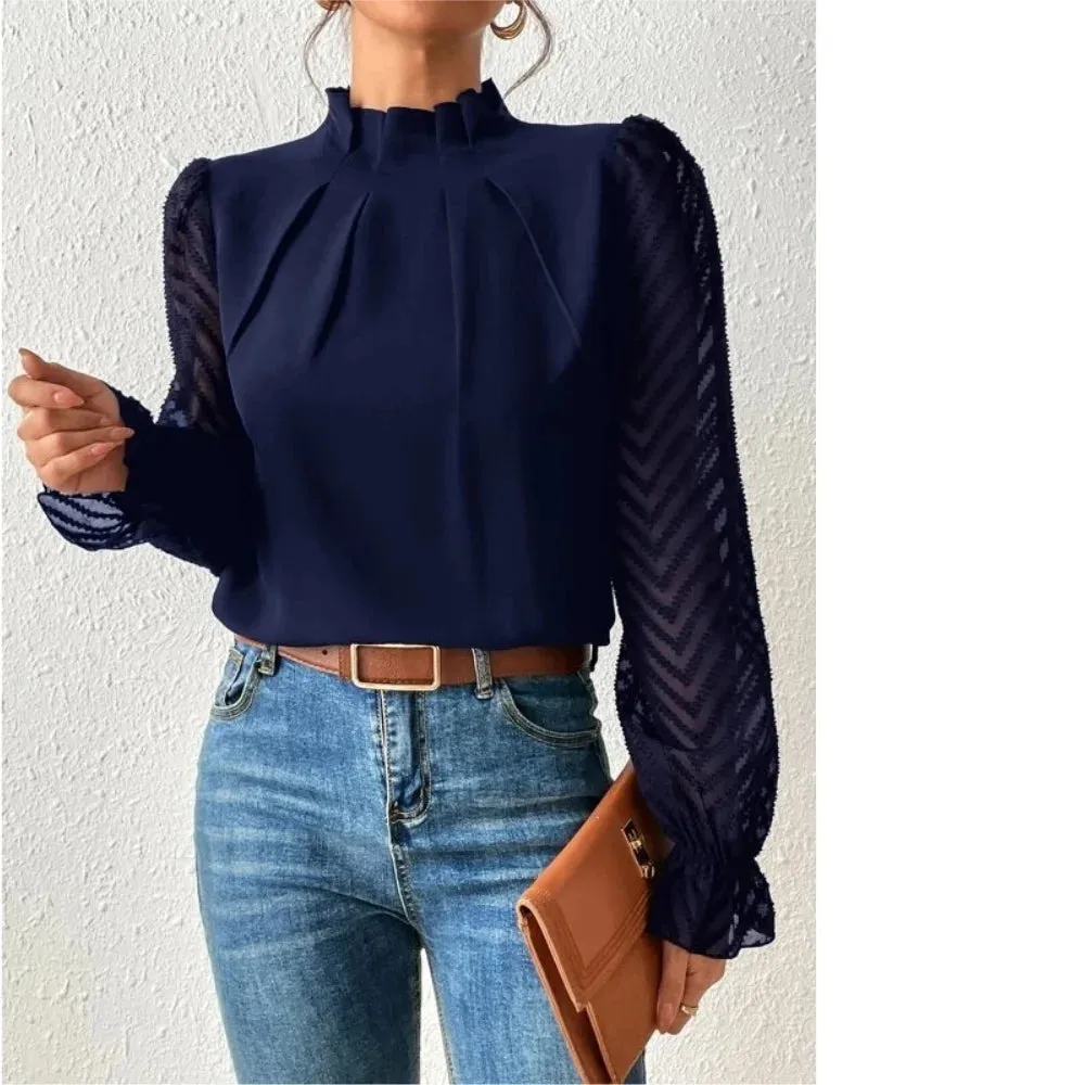Elegant Blouse White Women's Shirt 2024 New Half High Neck Spliced Wave Pattern Chiffon Long sleeved Top Office Lady