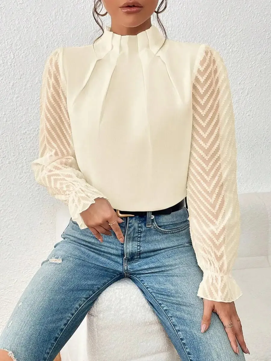 Elegant Blouse White Women's Shirt 2024 New Half High Neck Spliced Wave Pattern Chiffon Long sleeved Top Office Lady