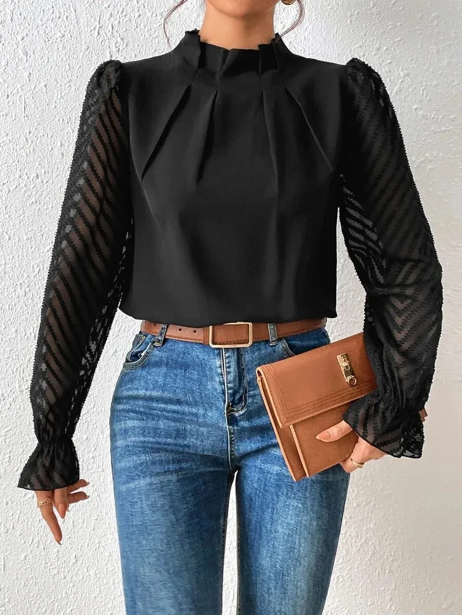 Elegant Blouse White Women's Shirt 2024 New Half High Neck Spliced Wave Pattern Chiffon Long sleeved Top Office Lady
