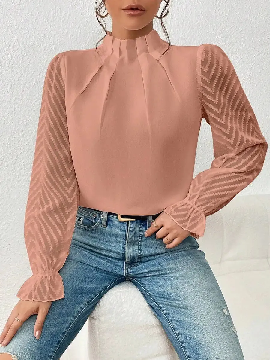 Elegant Blouse White Women's Shirt 2024 New Half High Neck Spliced Wave Pattern Chiffon Long sleeved Top Office Lady