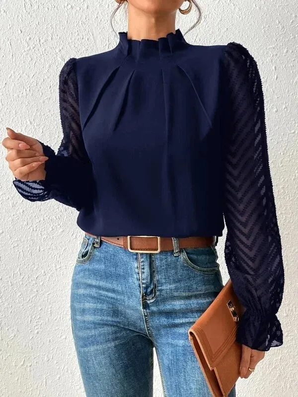 Elegant Blouse White Women's Shirt 2024 New Half High Neck Spliced Wave Pattern Chiffon Long sleeved Top Office Lady