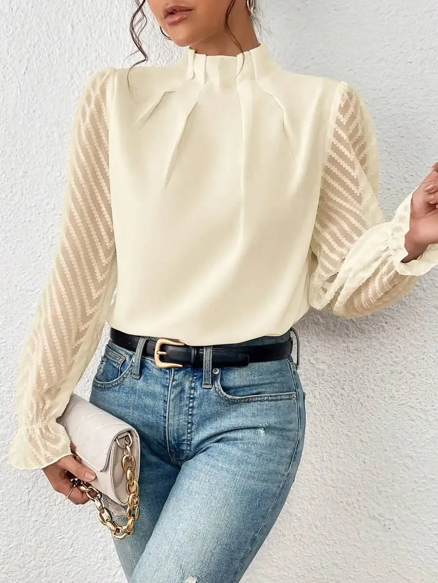 Elegant Blouse White Women's Shirt 2024 New Half High Neck Spliced Wave Pattern Chiffon Long sleeved Top Office Lady