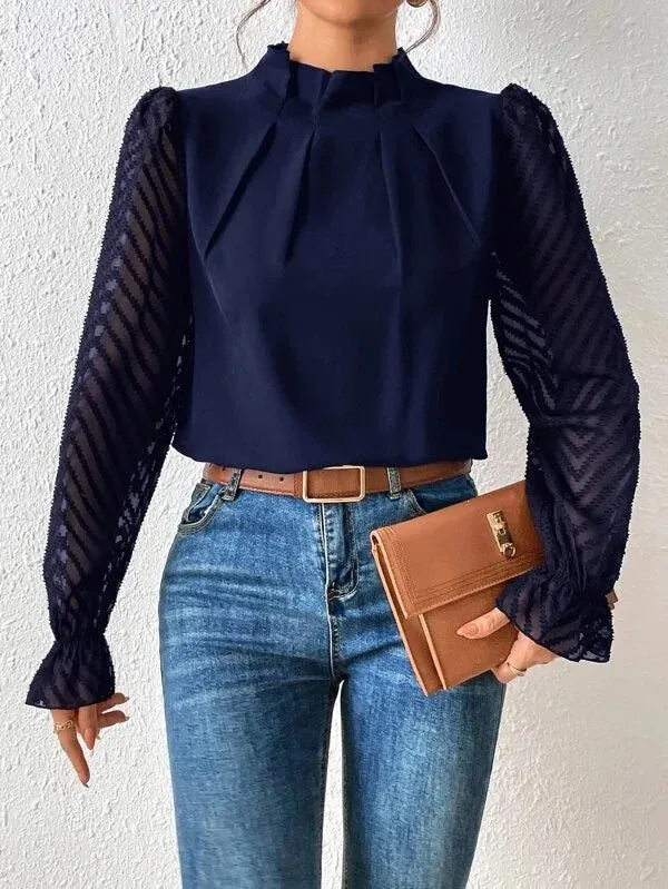 Elegant Blouse White Women's Shirt 2024 New Half High Neck Spliced Wave Pattern Chiffon Long sleeved Top Office Lady