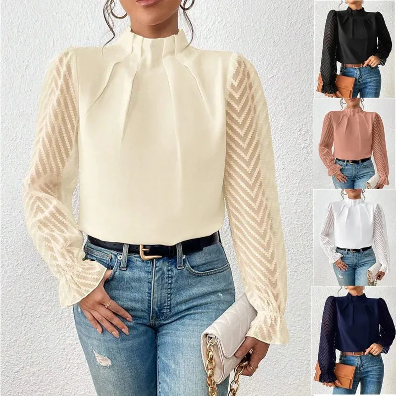 Elegant Blouse White Women's Shirt 2024 New Half High Neck Spliced Wave Pattern Chiffon Long sleeved Top Office Lady