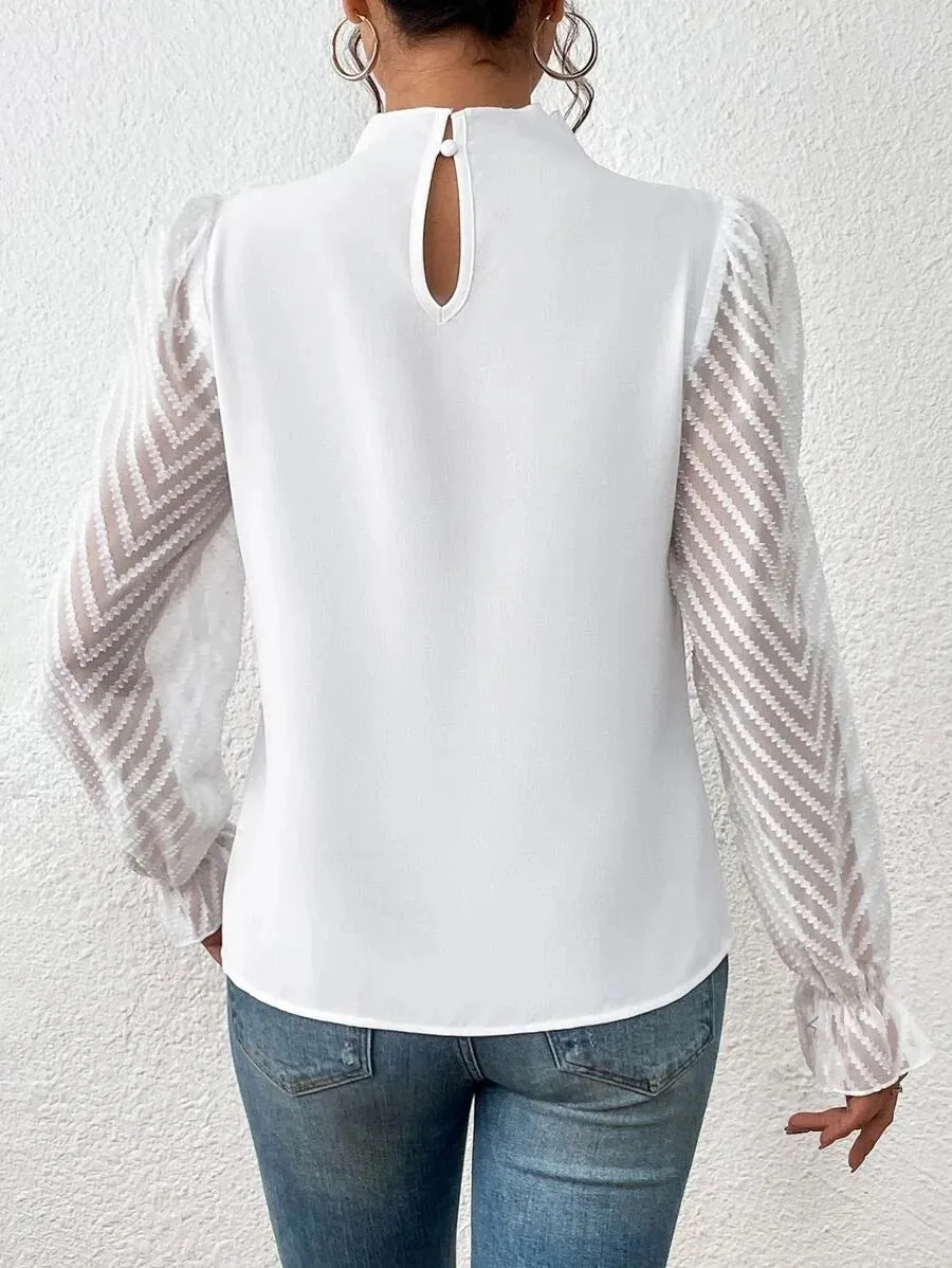 Elegant Blouse White Women's Shirt 2024 New Half High Neck Spliced Wave Pattern Chiffon Long sleeved Top Office Lady
