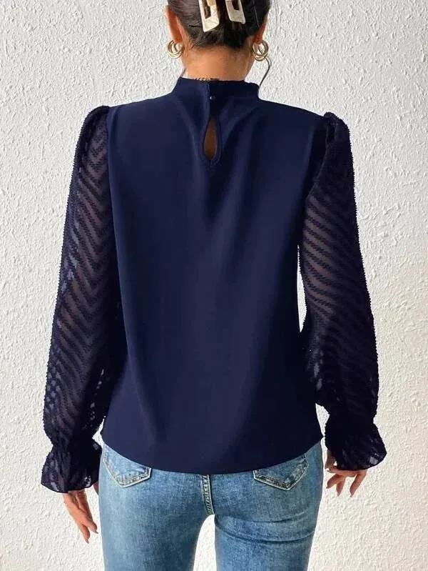Elegant Blouse White Women's Shirt 2024 New Half High Neck Spliced Wave Pattern Chiffon Long sleeved Top Office Lady