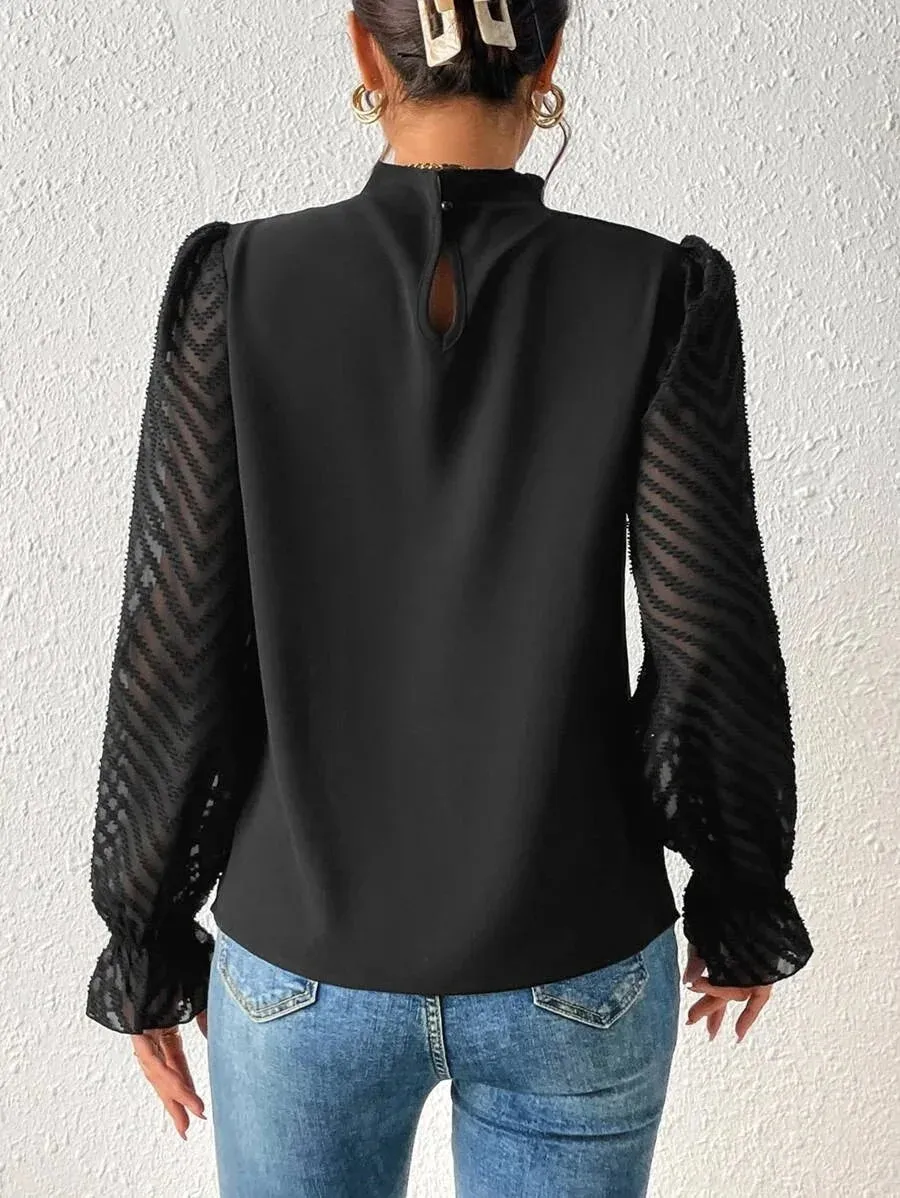 Elegant Blouse White Women's Shirt 2024 New Half High Neck Spliced Wave Pattern Chiffon Long sleeved Top Office Lady