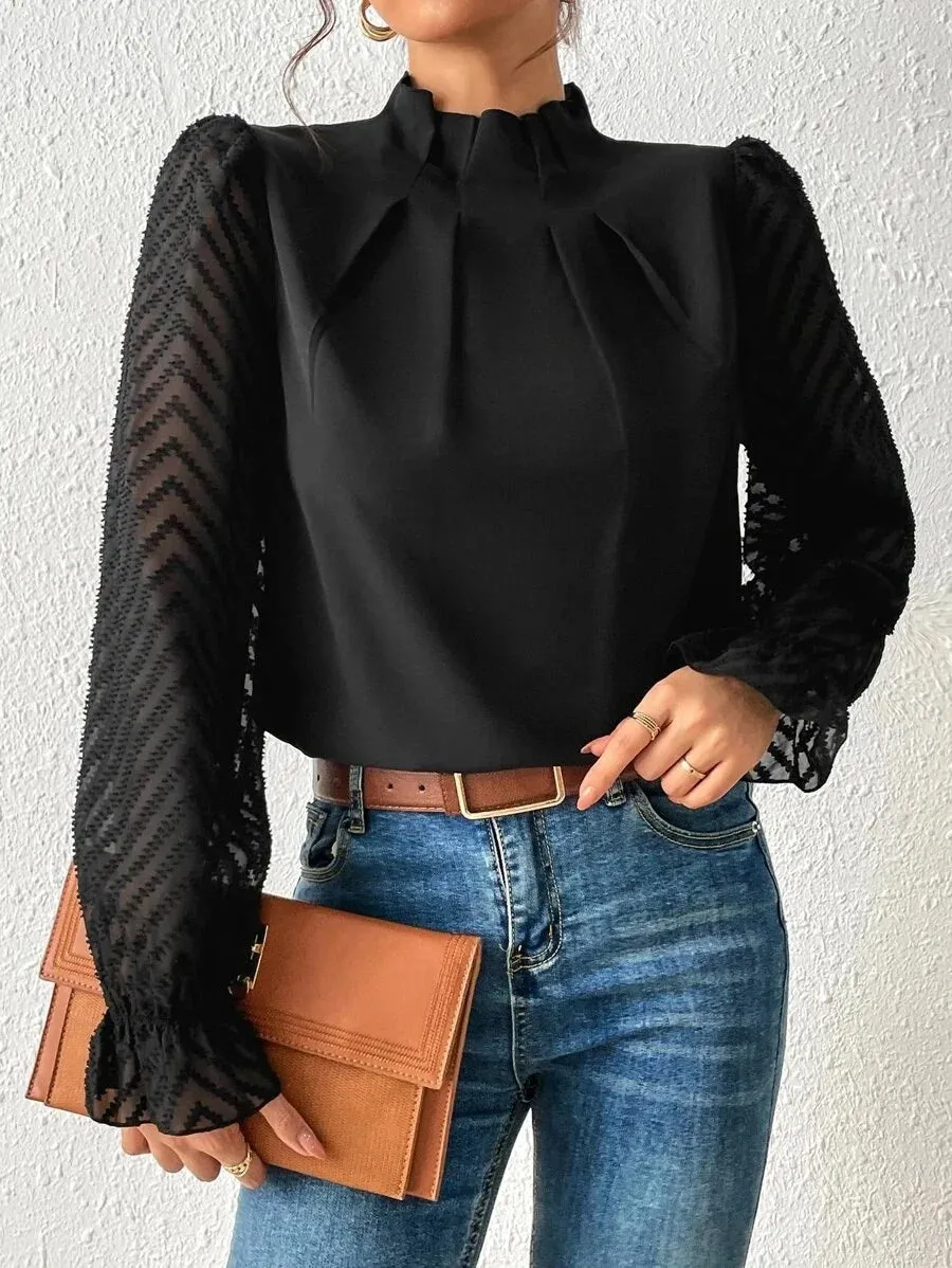 Elegant Blouse White Women's Shirt 2024 New Half High Neck Spliced Wave Pattern Chiffon Long sleeved Top Office Lady