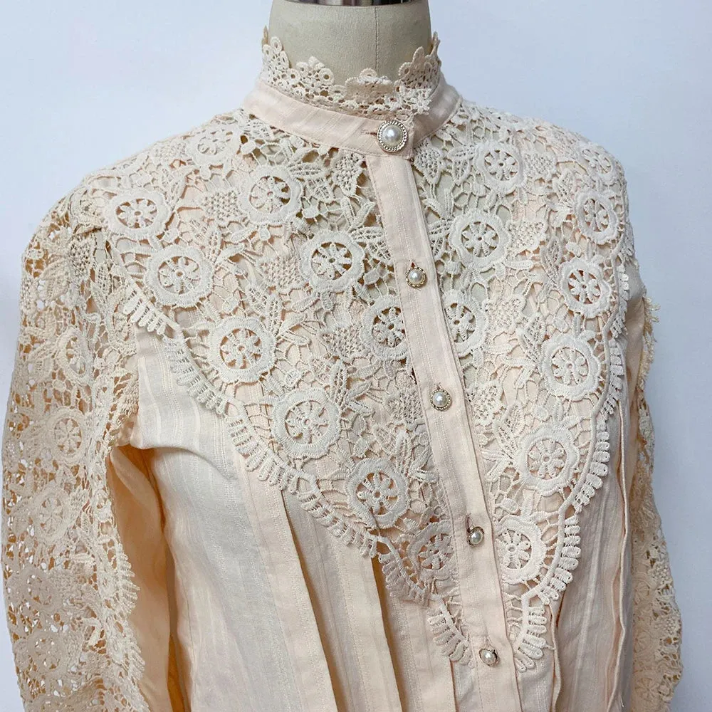 Elegant Lace Tops Embroidery Hollow Out Solid Stand Collar Female Tunic Plus Size Petal Sleeve Spring Womens Tops And Blouses