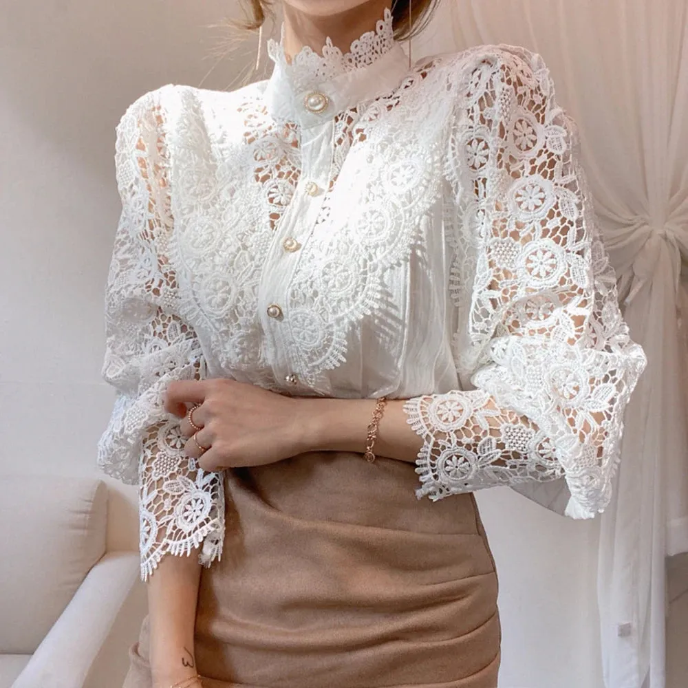 Elegant Lace Tops Embroidery Hollow Out Solid Stand Collar Female Tunic Plus Size Petal Sleeve Spring Womens Tops And Blouses
