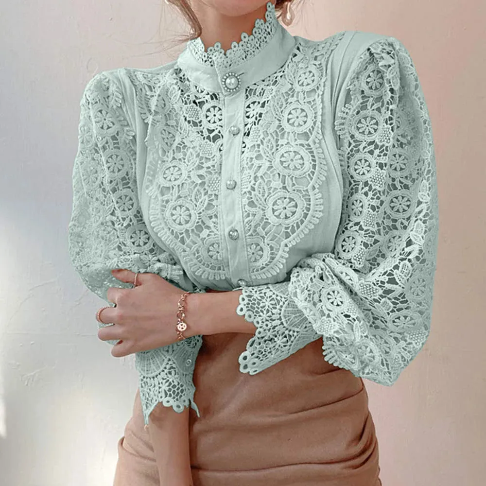 Elegant Lace Tops Embroidery Hollow Out Solid Stand Collar Female Tunic Plus Size Petal Sleeve Spring Womens Tops And Blouses