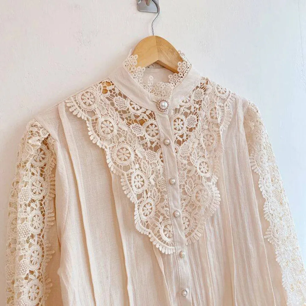 Elegant Lace Tops Embroidery Hollow Out Solid Stand Collar Female Tunic Plus Size Petal Sleeve Spring Womens Tops And Blouses