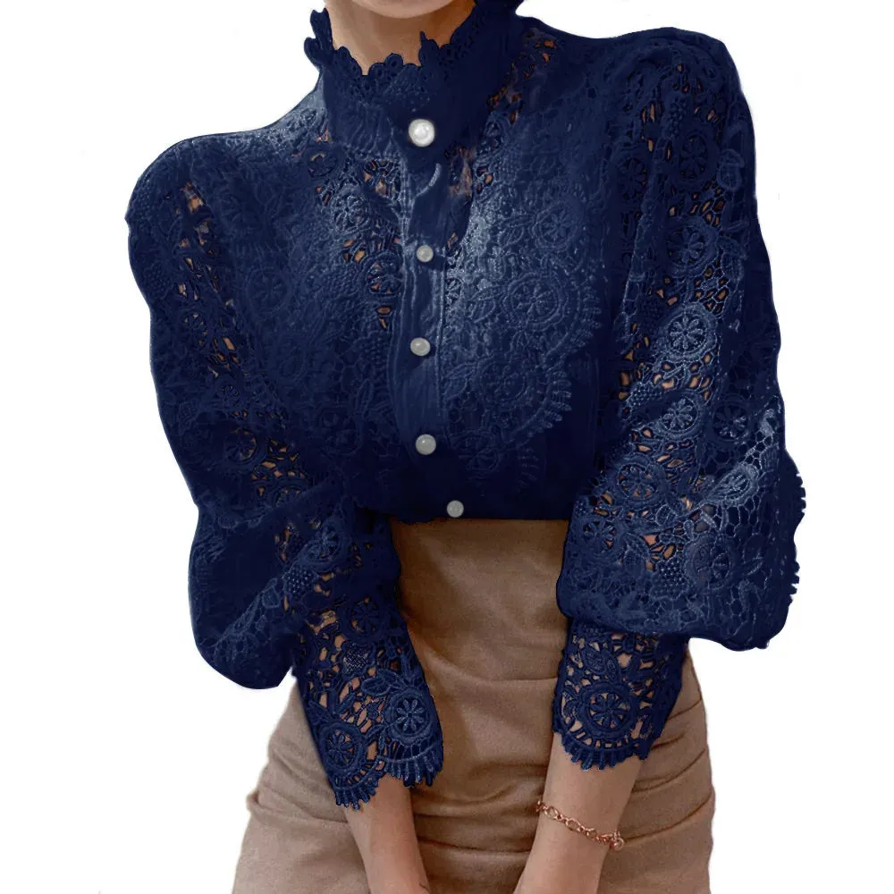 Elegant Lace Tops Embroidery Hollow Out Solid Stand Collar Female Tunic Plus Size Petal Sleeve Spring Womens Tops And Blouses