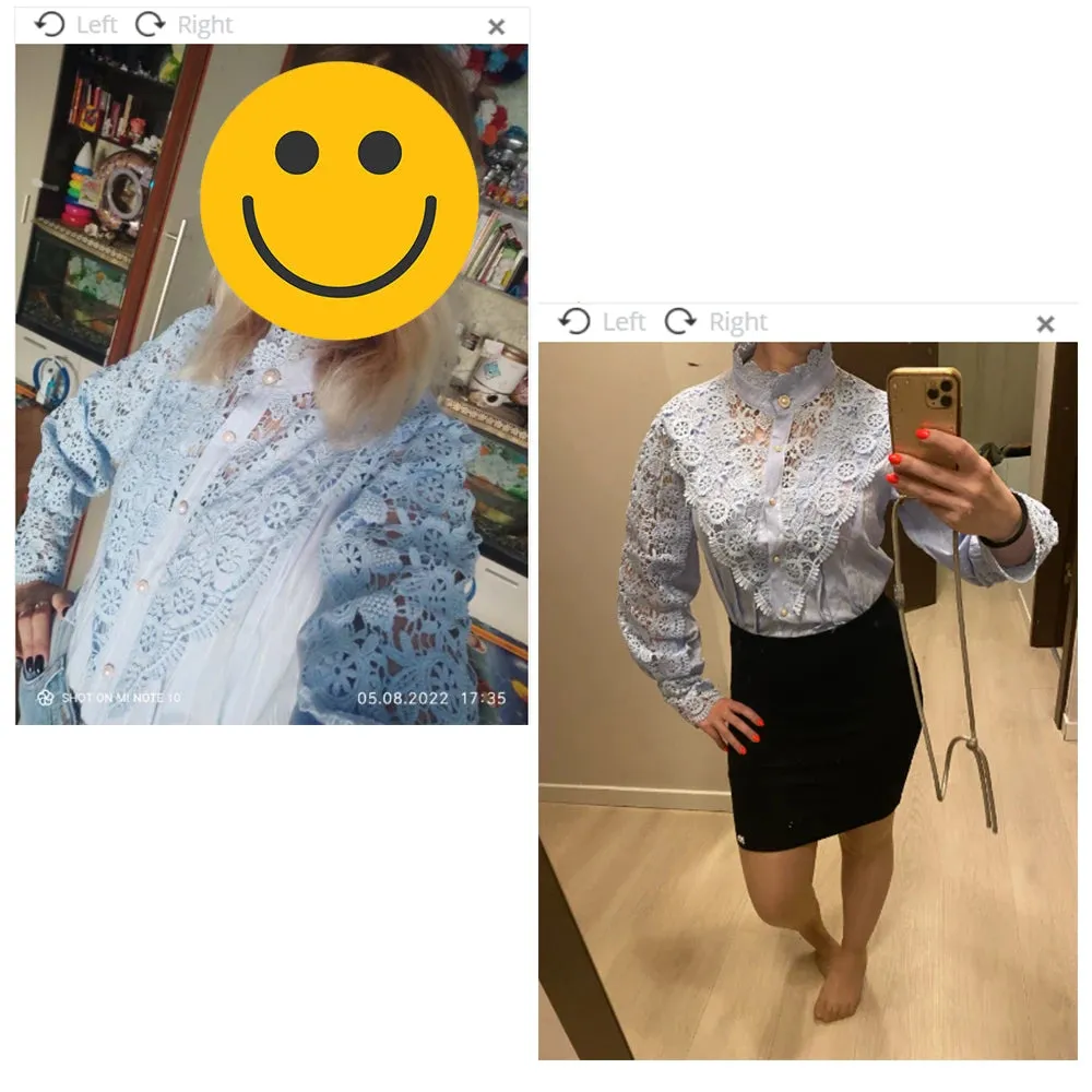 Elegant Lace Tops Embroidery Hollow Out Solid Stand Collar Female Tunic Plus Size Petal Sleeve Spring Womens Tops And Blouses
