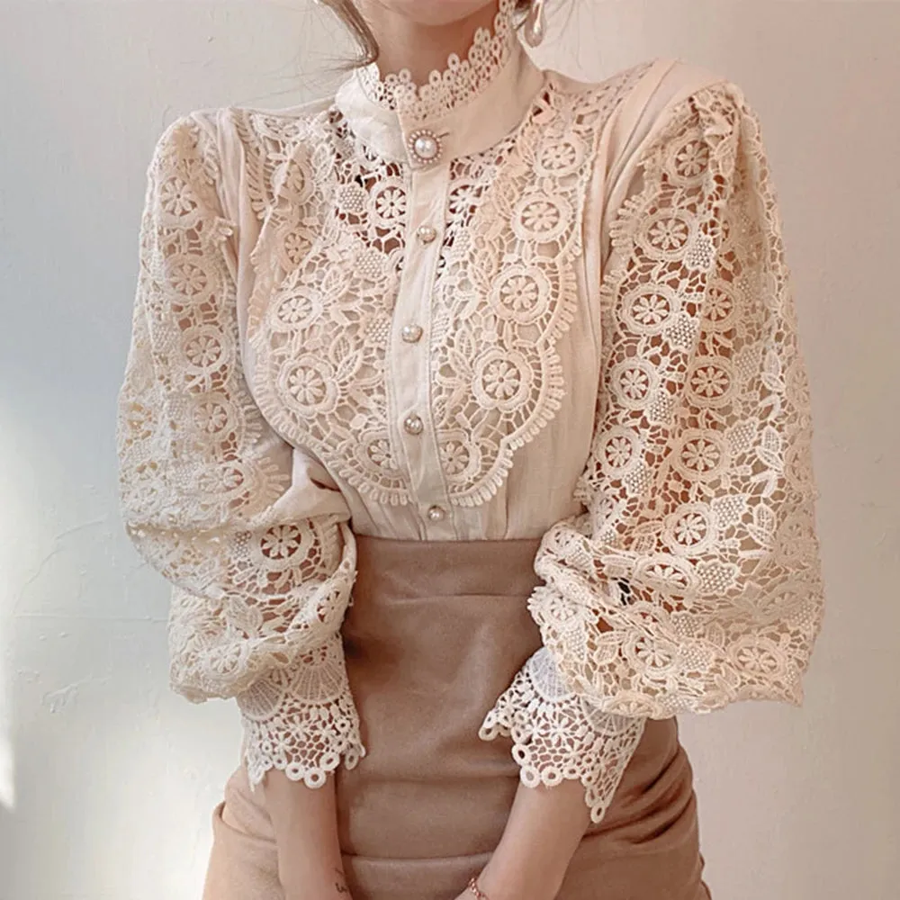 Elegant Lace Tops Embroidery Hollow Out Solid Stand Collar Female Tunic Plus Size Petal Sleeve Spring Womens Tops And Blouses