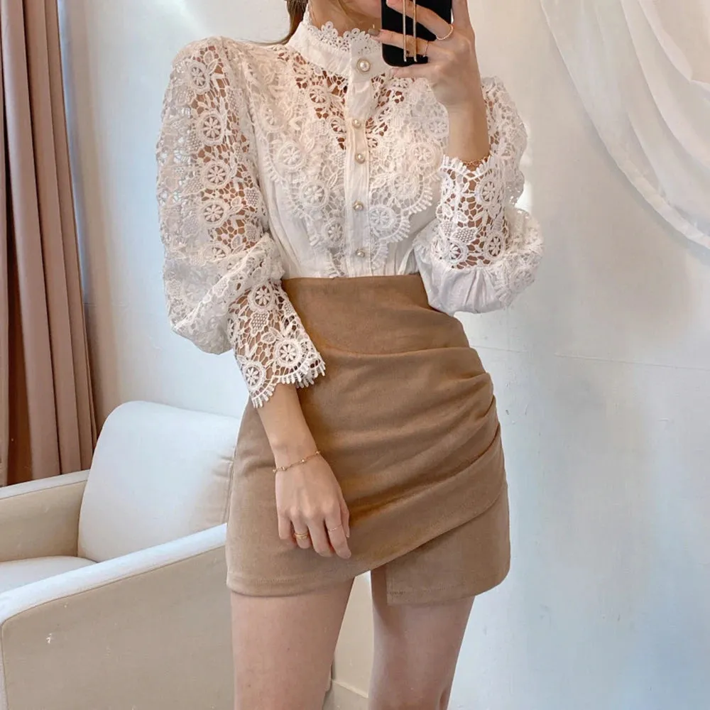 Elegant Lace Tops Embroidery Hollow Out Solid Stand Collar Female Tunic Plus Size Petal Sleeve Spring Womens Tops And Blouses