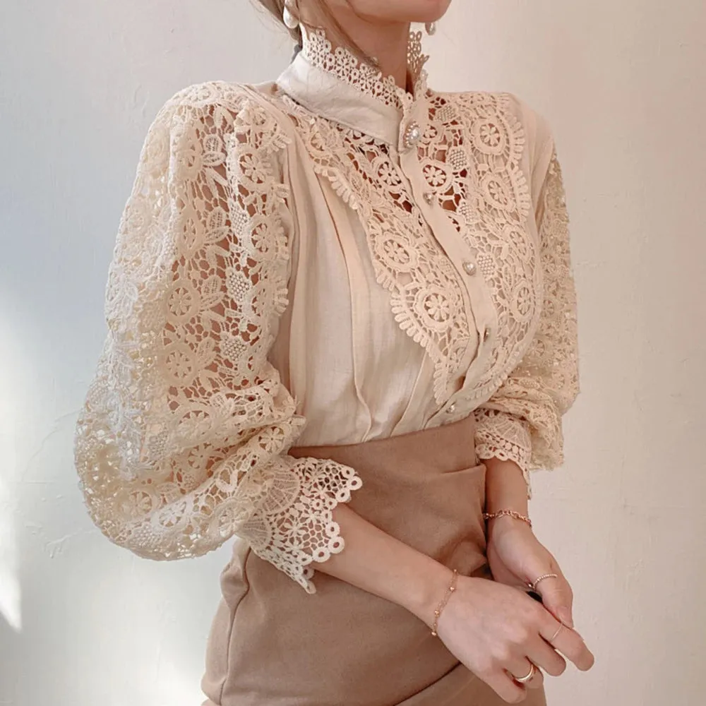 Elegant Lace Tops Embroidery Hollow Out Solid Stand Collar Female Tunic Plus Size Petal Sleeve Spring Womens Tops And Blouses