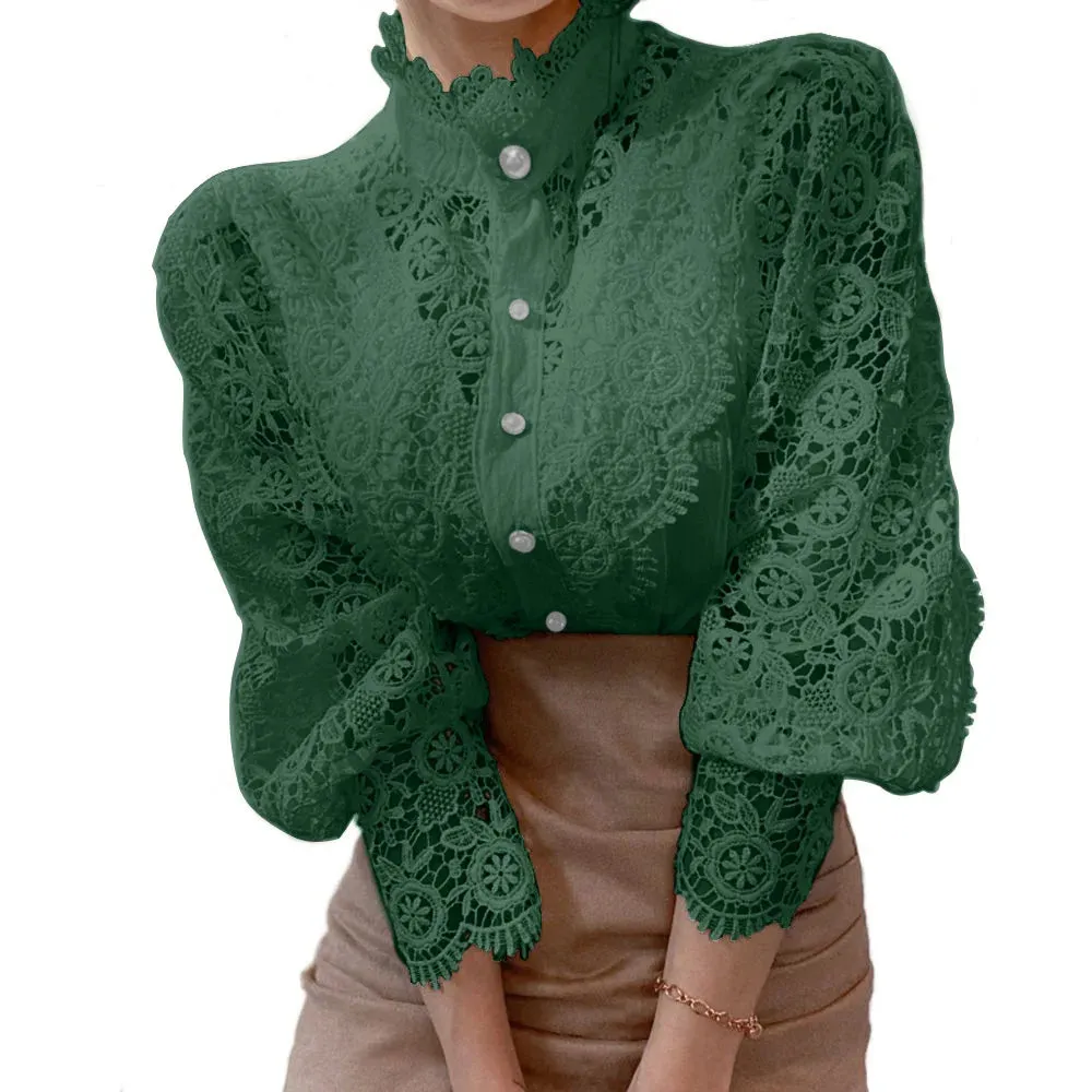 Elegant Lace Tops Embroidery Hollow Out Solid Stand Collar Female Tunic Plus Size Petal Sleeve Spring Womens Tops And Blouses