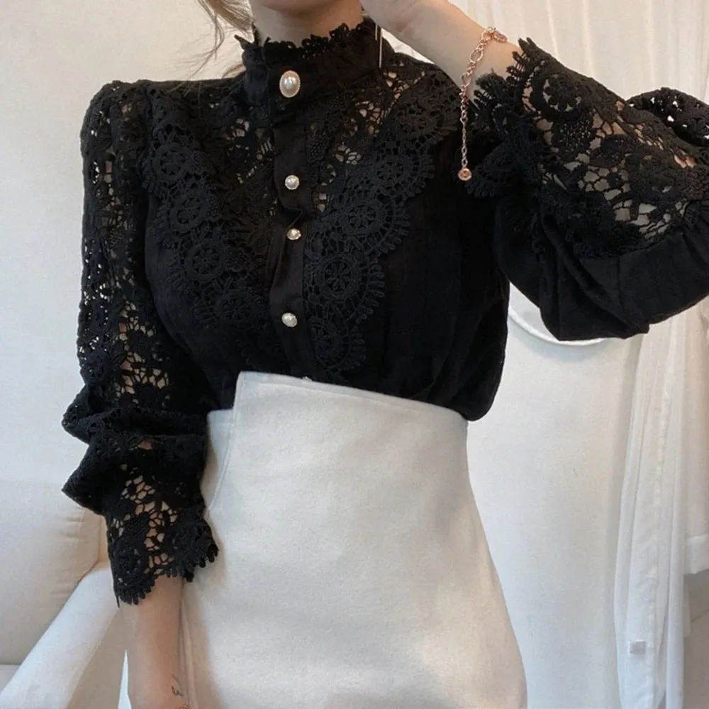 Elegant Lace Tops Embroidery Hollow Out Solid Stand Collar Female Tunic Plus Size Petal Sleeve Spring Womens Tops And Blouses