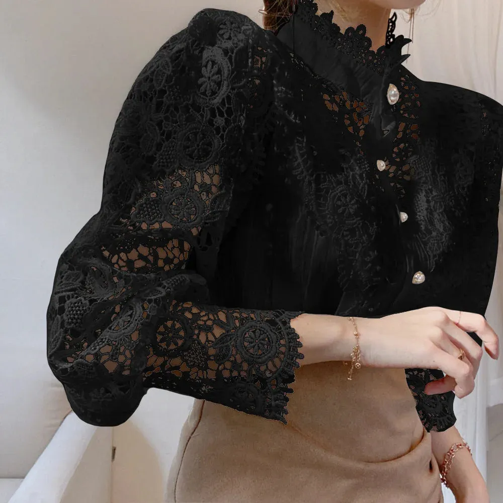 Elegant Lace Tops Embroidery Hollow Out Solid Stand Collar Female Tunic Plus Size Petal Sleeve Spring Womens Tops And Blouses