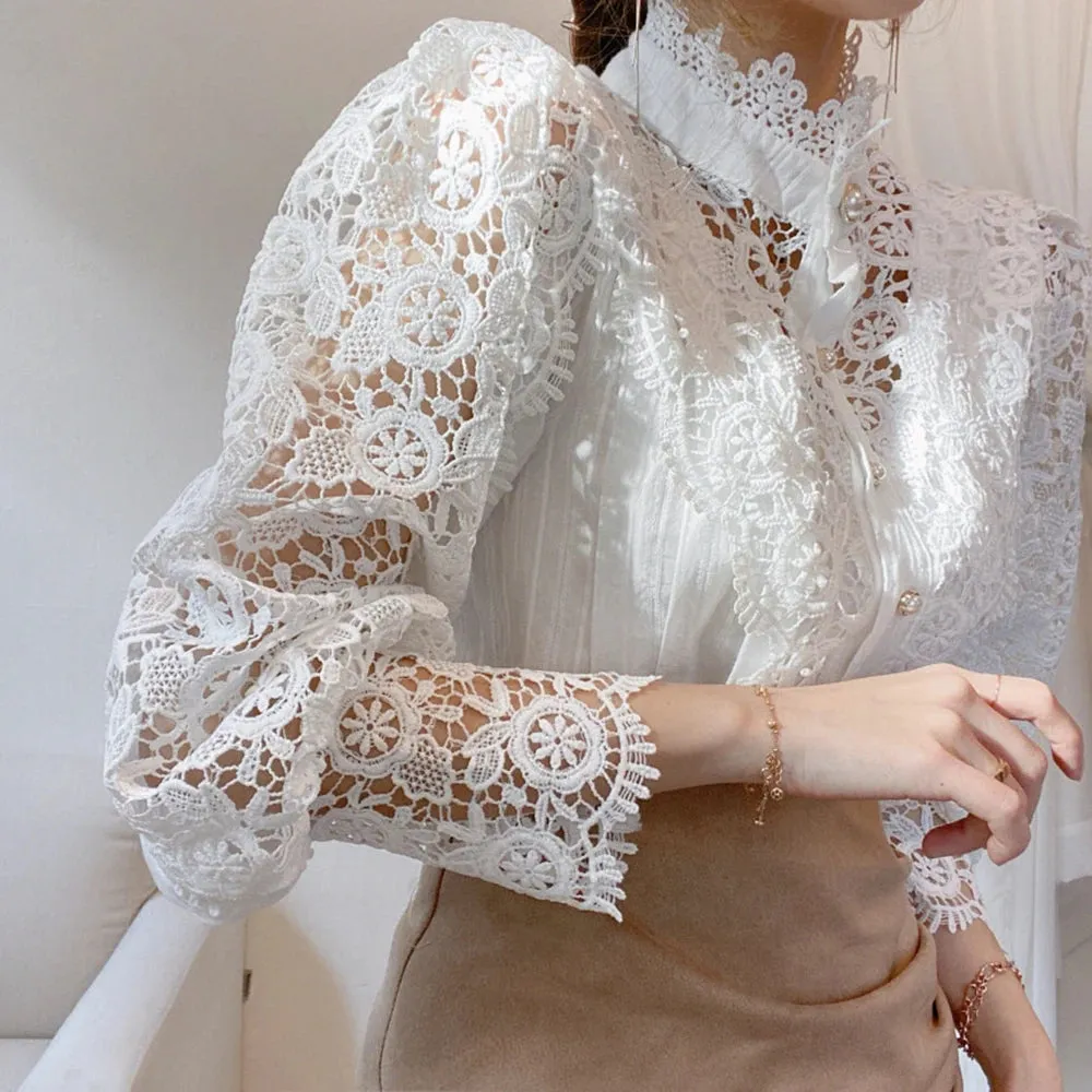 Elegant Lace Tops Embroidery Hollow Out Solid Stand Collar Female Tunic Plus Size Petal Sleeve Spring Womens Tops And Blouses