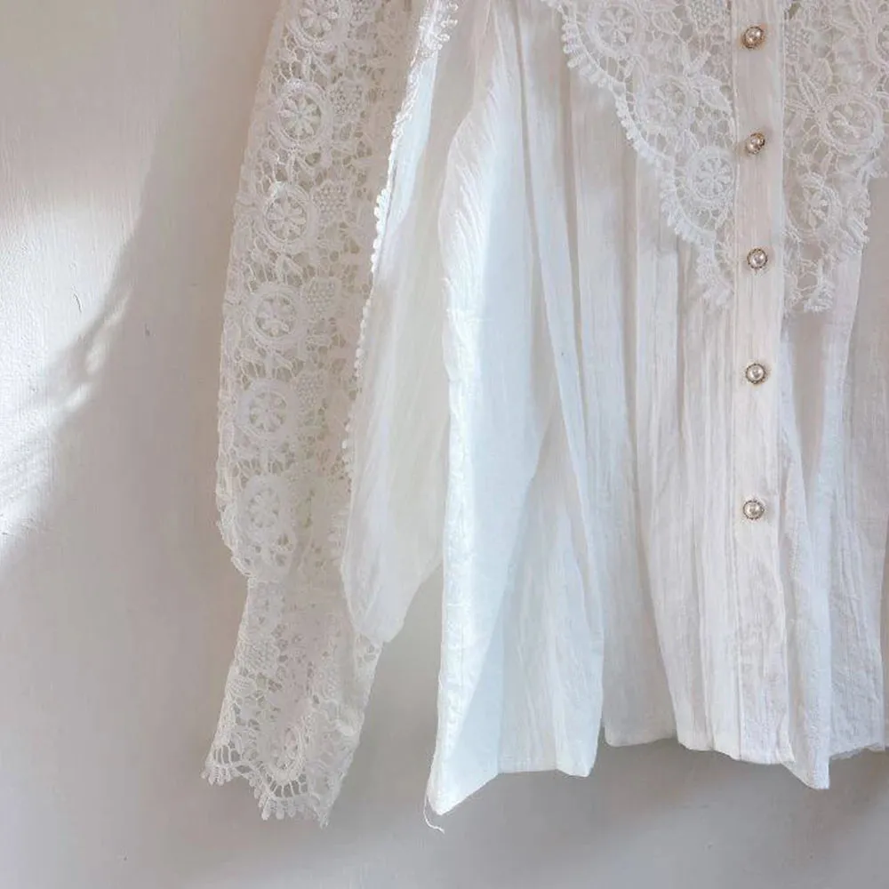 Elegant Lace Tops Embroidery Hollow Out Solid Stand Collar Female Tunic Plus Size Petal Sleeve Spring Womens Tops And Blouses