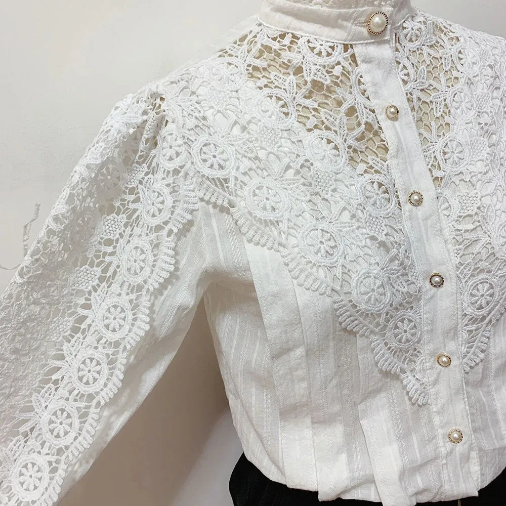 Elegant Lace Tops Embroidery Hollow Out Solid Stand Collar Female Tunic Plus Size Petal Sleeve Spring Womens Tops And Blouses