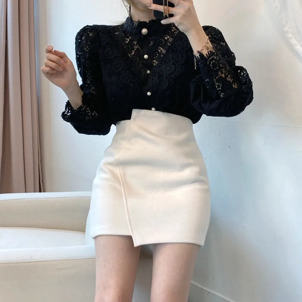 Elegant Lace Tops Embroidery Hollow Out Solid Stand Collar Female Tunic Plus Size Petal Sleeve Spring Womens Tops And Blouses