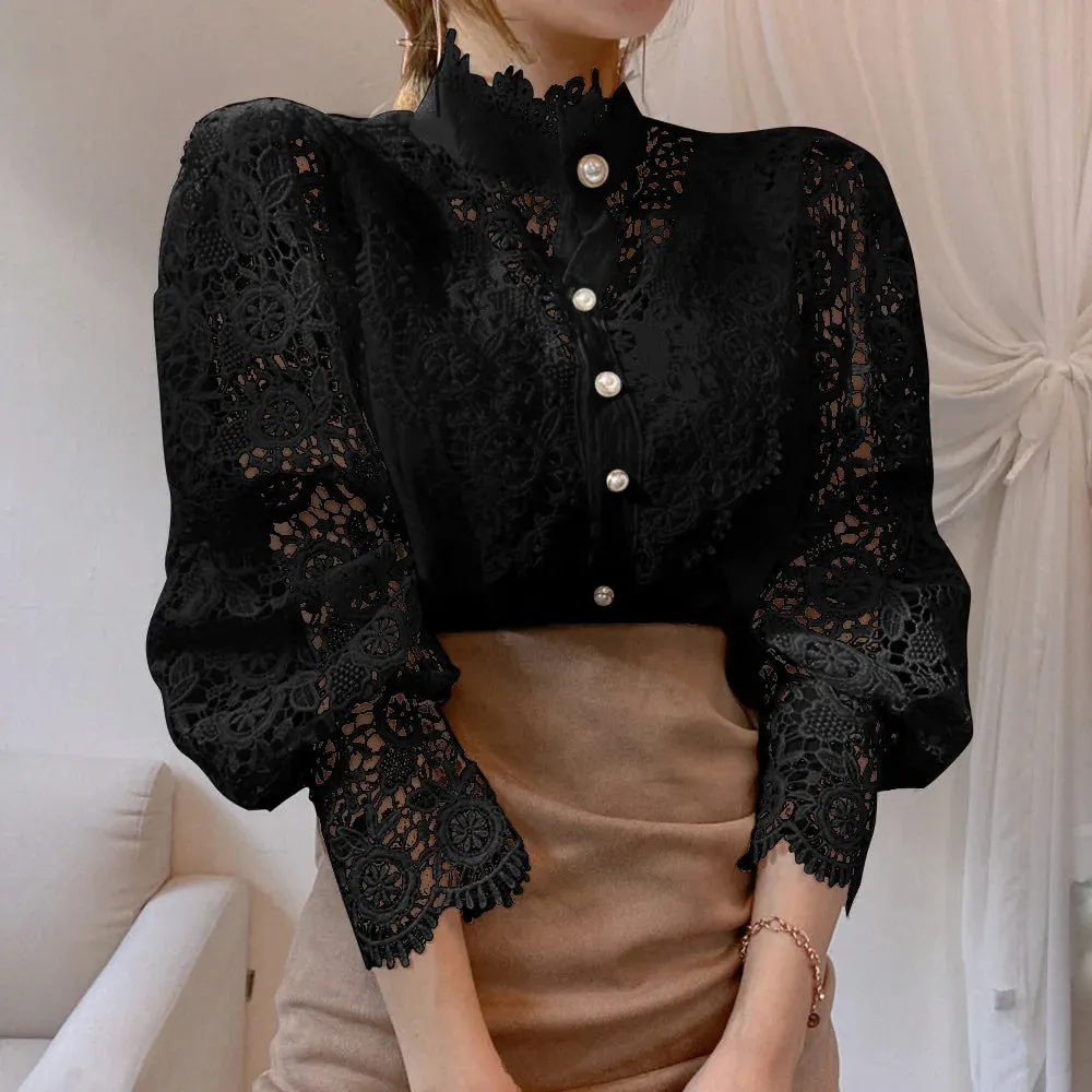 Elegant Lace Tops Embroidery Hollow Out Solid Stand Collar Female Tunic Plus Size Petal Sleeve Spring Womens Tops And Blouses