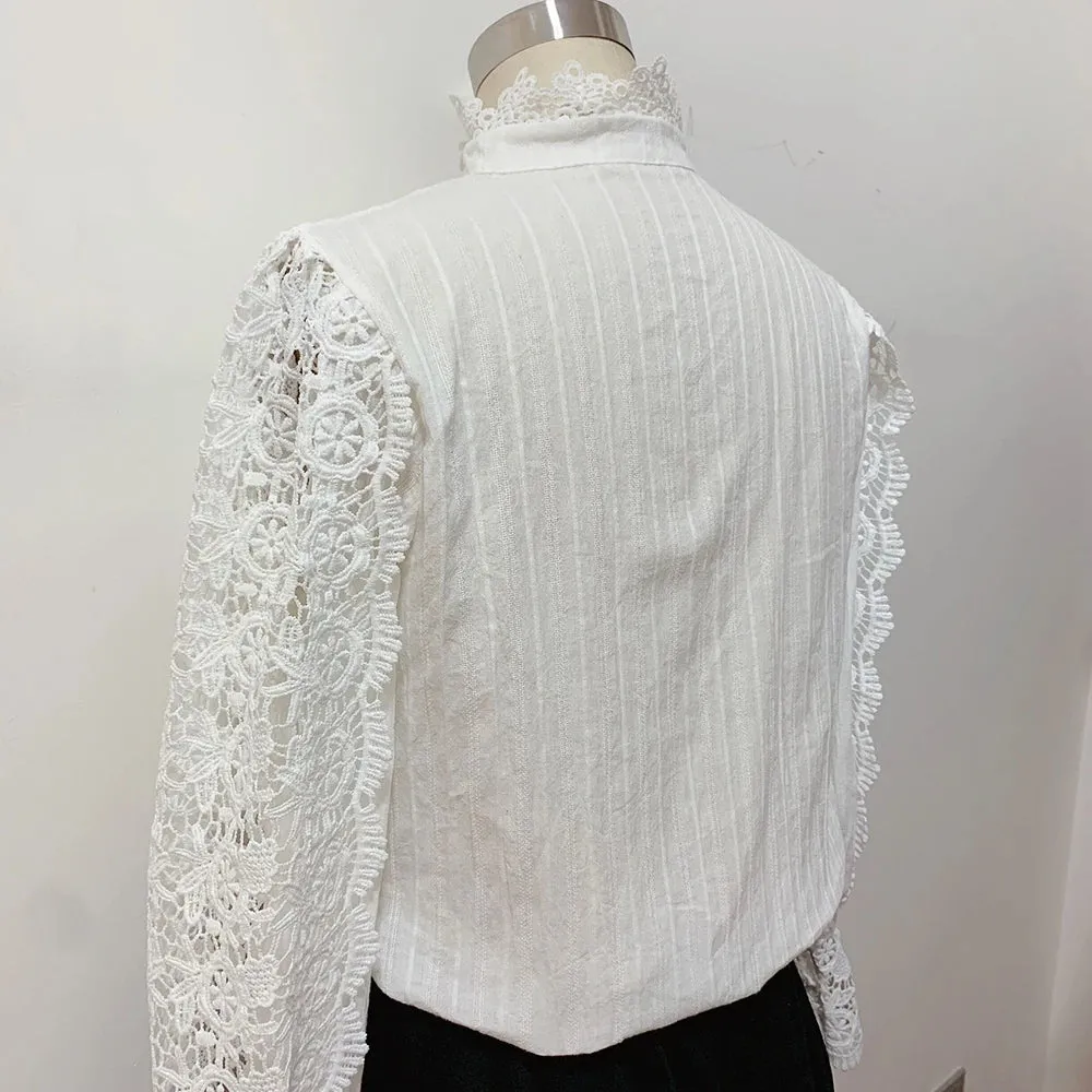 Elegant Lace Tops Embroidery Hollow Out Solid Stand Collar Female Tunic Plus Size Petal Sleeve Spring Womens Tops And Blouses