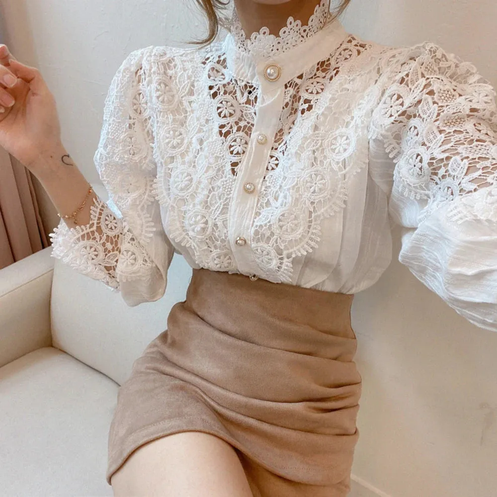 Elegant Lace Tops Embroidery Hollow Out Solid Stand Collar Female Tunic Plus Size Petal Sleeve Spring Womens Tops And Blouses