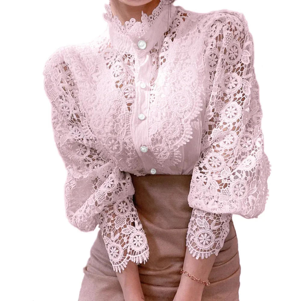 Elegant Lace Tops Embroidery Hollow Out Solid Stand Collar Female Tunic Plus Size Petal Sleeve Spring Womens Tops And Blouses