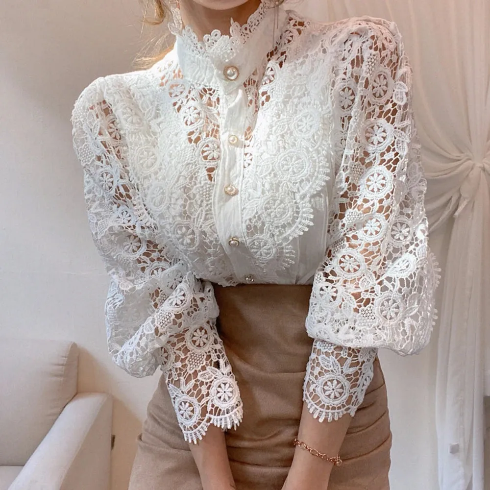 Elegant Lace Tops Embroidery Hollow Out Solid Stand Collar Female Tunic Plus Size Petal Sleeve Spring Womens Tops And Blouses