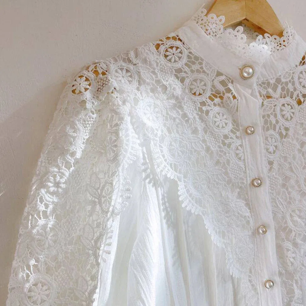 Elegant Lace Tops Embroidery Hollow Out Solid Stand Collar Female Tunic Plus Size Petal Sleeve Spring Womens Tops And Blouses