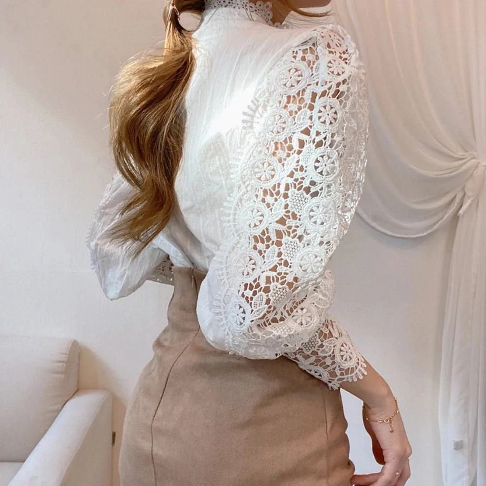 Elegant Lace Tops Embroidery Hollow Out Solid Stand Collar Female Tunic Plus Size Petal Sleeve Spring Womens Tops And Blouses