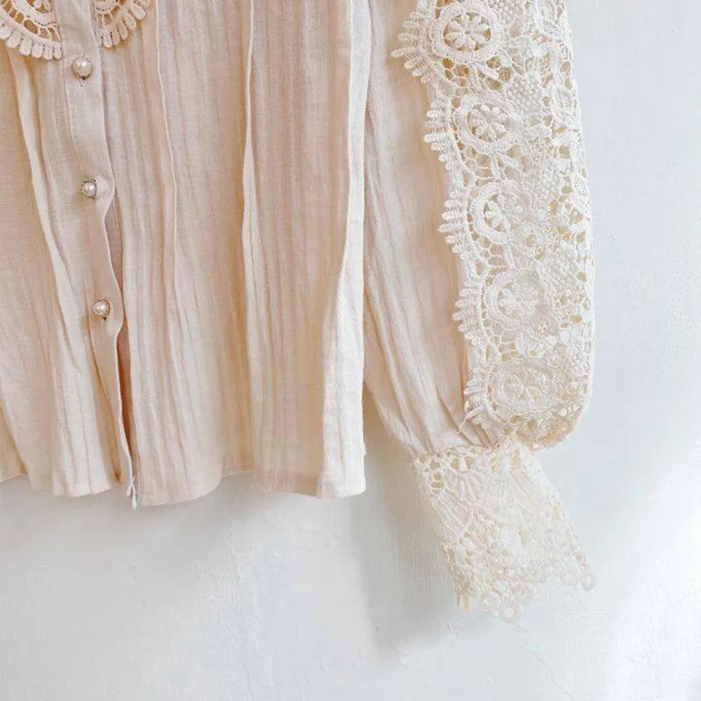 Elegant Lace Tops Embroidery Hollow Out Solid Stand Collar Female Tunic Plus Size Petal Sleeve Spring Womens Tops And Blouses