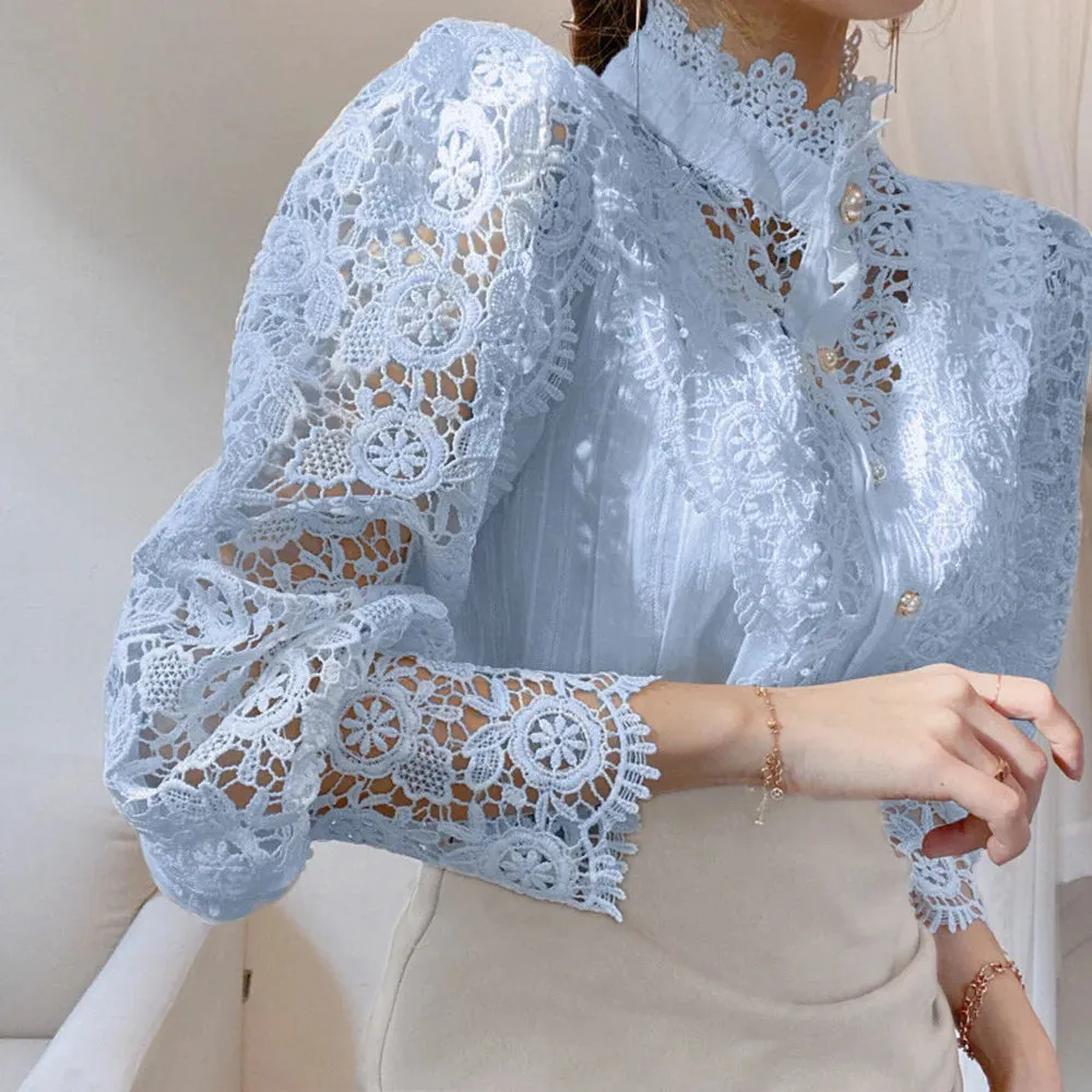 Elegant Lace Tops Embroidery Hollow Out Solid Stand Collar Female Tunic Plus Size Petal Sleeve Spring Womens Tops And Blouses
