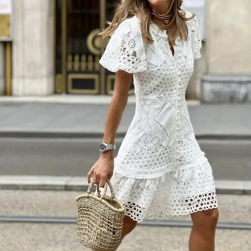Elegant Puff Sleeve O Neck Button Mini Dress