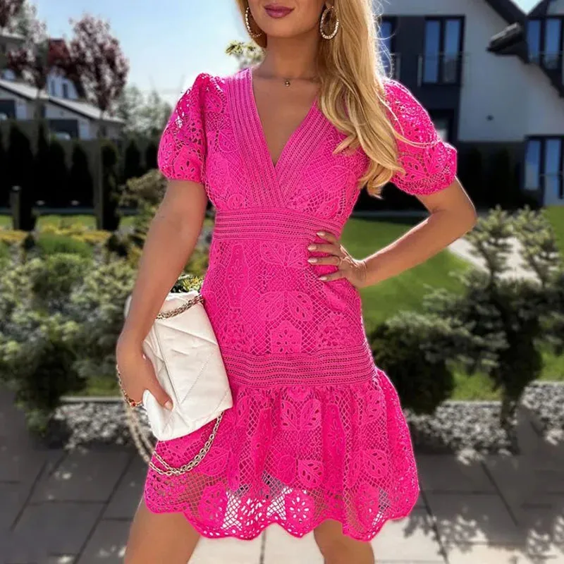 Elegant Puff Sleeve O Neck Button Mini Dress
