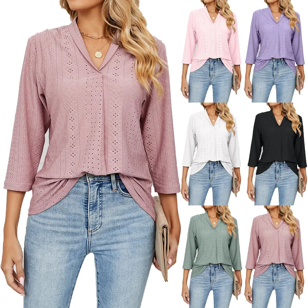 Fashion Woman Blouse Shirts For Women Clothes Half Sleeve V Neck  Female Tops White Green Purple Women's Autumn Clothing