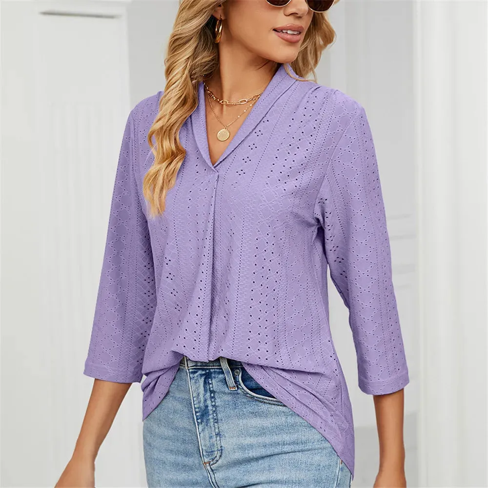Fashion Woman Blouse Shirts For Women Clothes Half Sleeve V Neck  Female Tops White Green Purple Women's Autumn Clothing