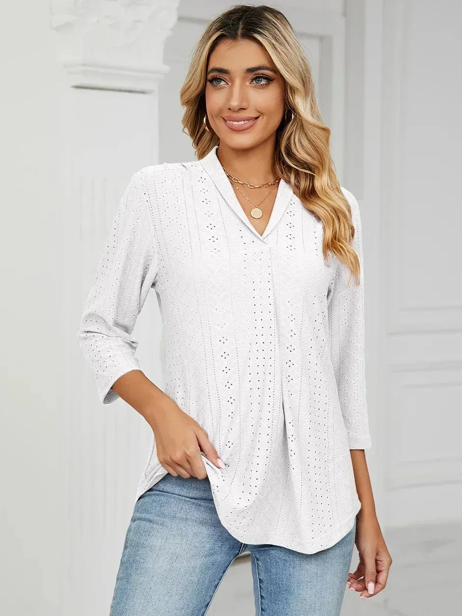 Fashion Woman Blouse Shirts For Women Clothes  Half Sleeve V Neck  Female Tops White PInk Purple Women's Autumn Clothing